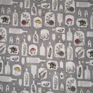 Nature Apothecary Jars with Feather, Flower, Mushroom on Gray - 1/2 Yard